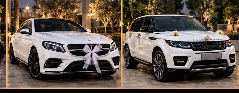 Range Rover לבנה מקושטת ליום החתונה